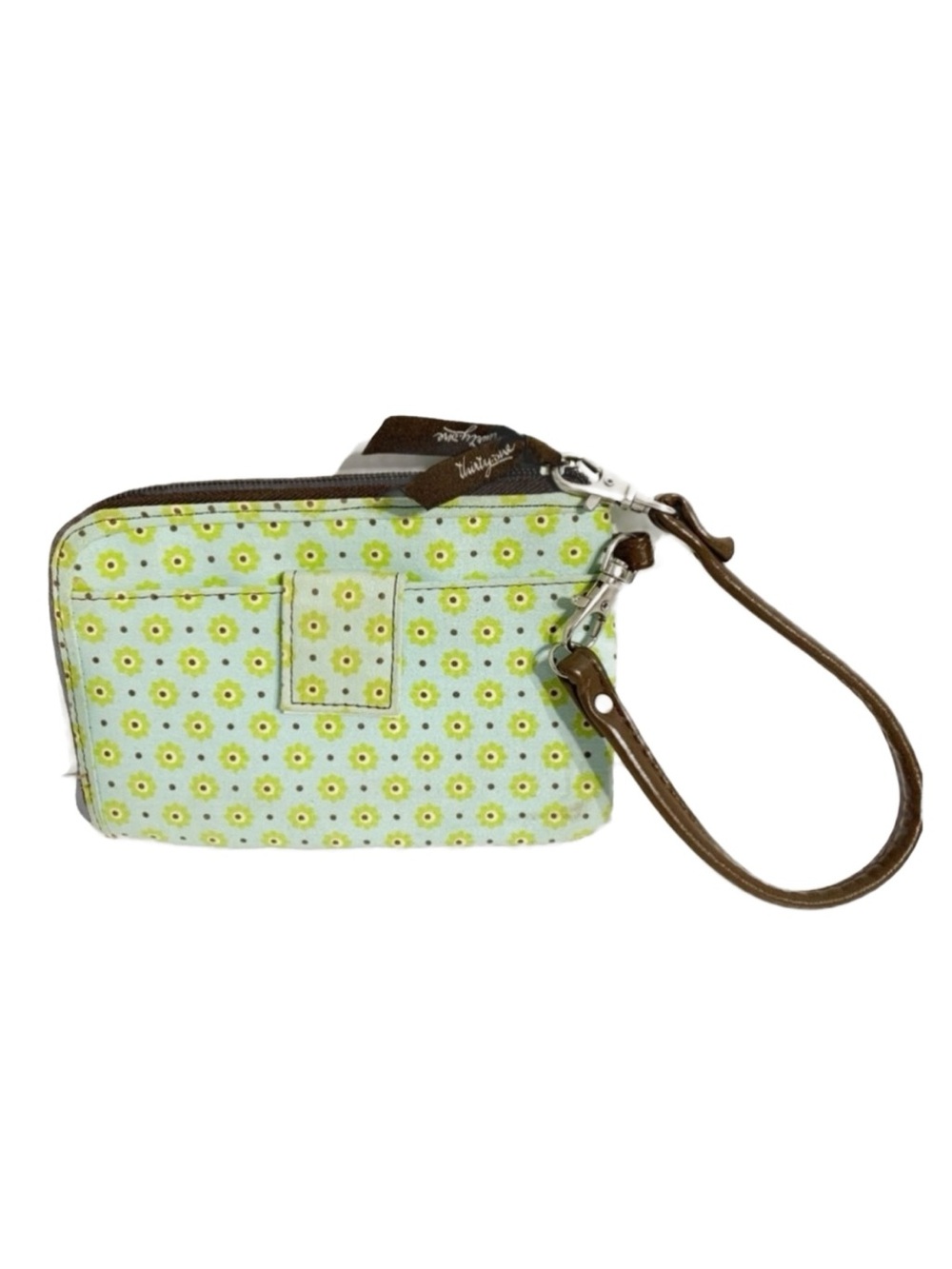 Thirty-One Blue Green Floral Dot Fabric Zip Wristlet Wallet Faux Leather Strap